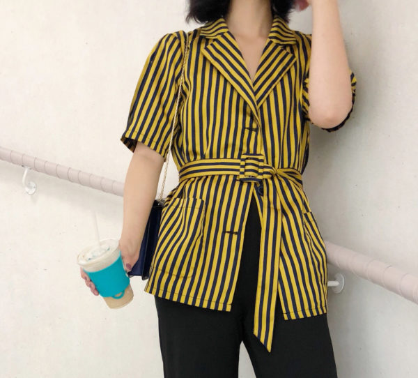 [ FROM ] Striped Belted Shirt