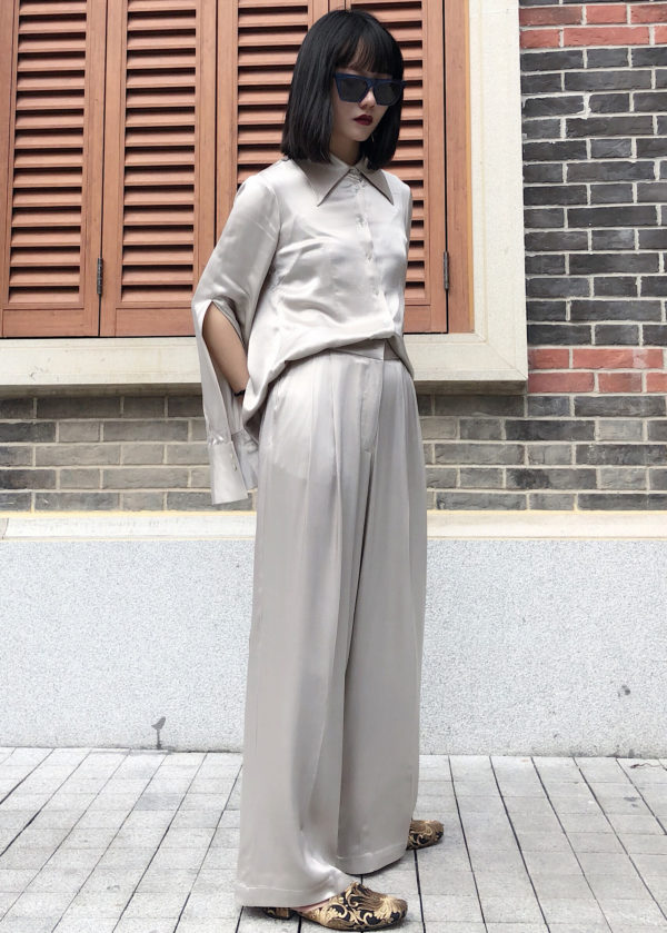 [ FROM ] Silver Silky Wide Leg Trousers