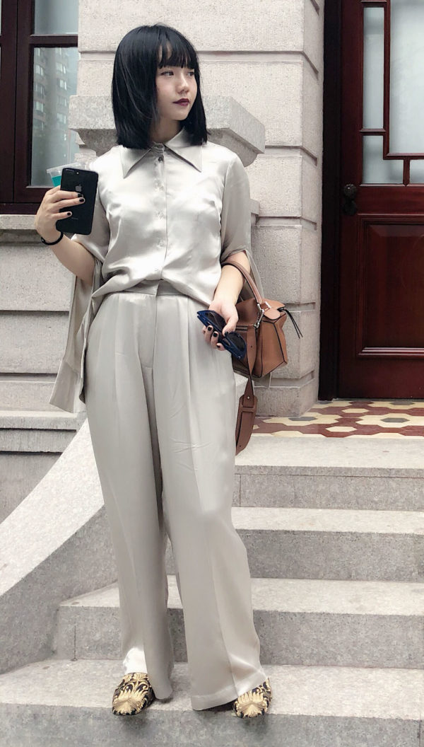 [ FROM ] Silver Silky Wide Leg Trousers